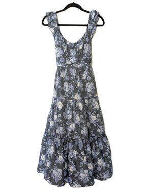 NWT Trixxi Francescas Christabel Blue Floral Tiered Midi Dress Tie Back Large